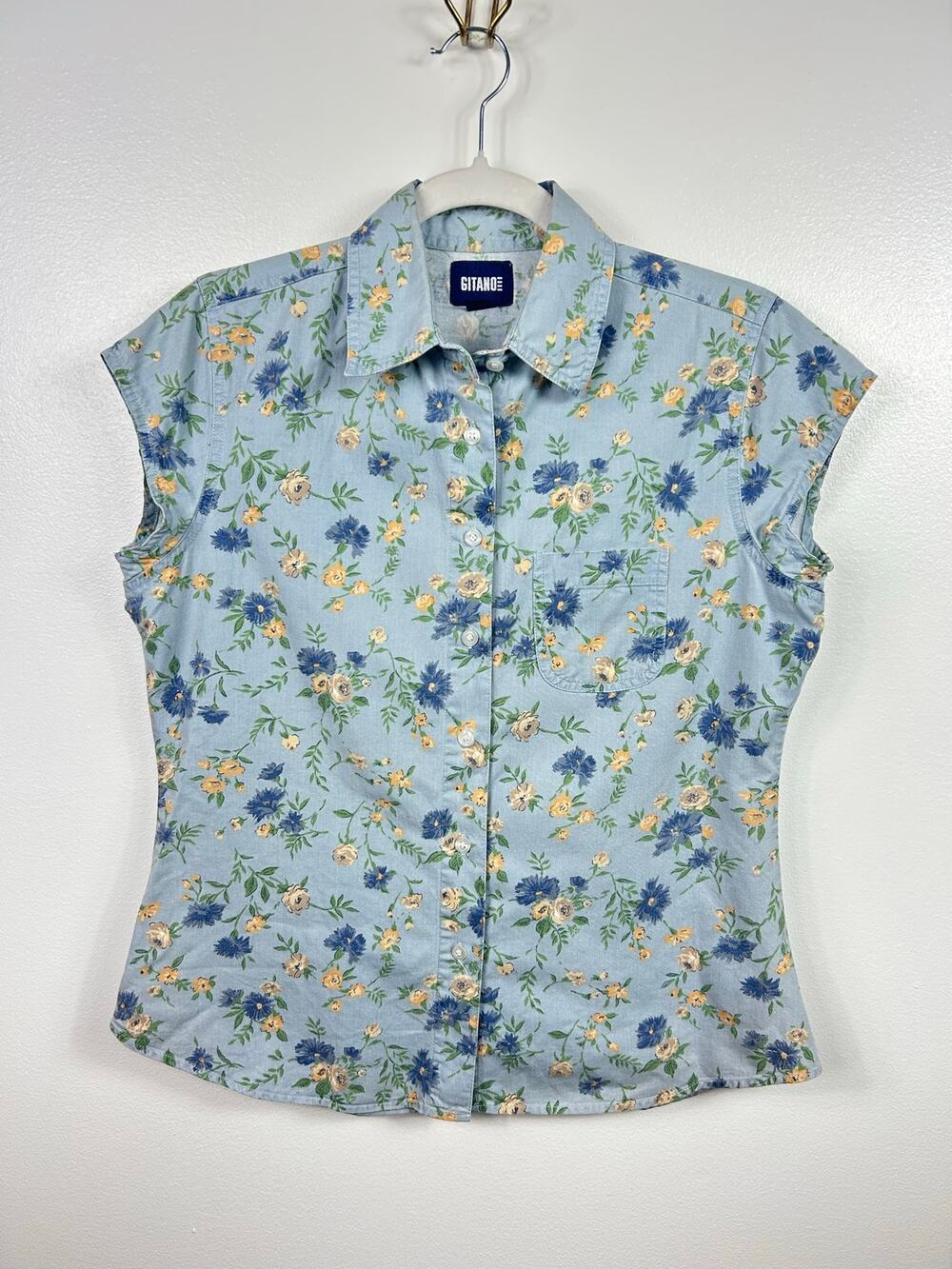 Vintage Gitano Blue Floral Lightweight Denim Cap Sleeve Blouse 100% Cotton Small